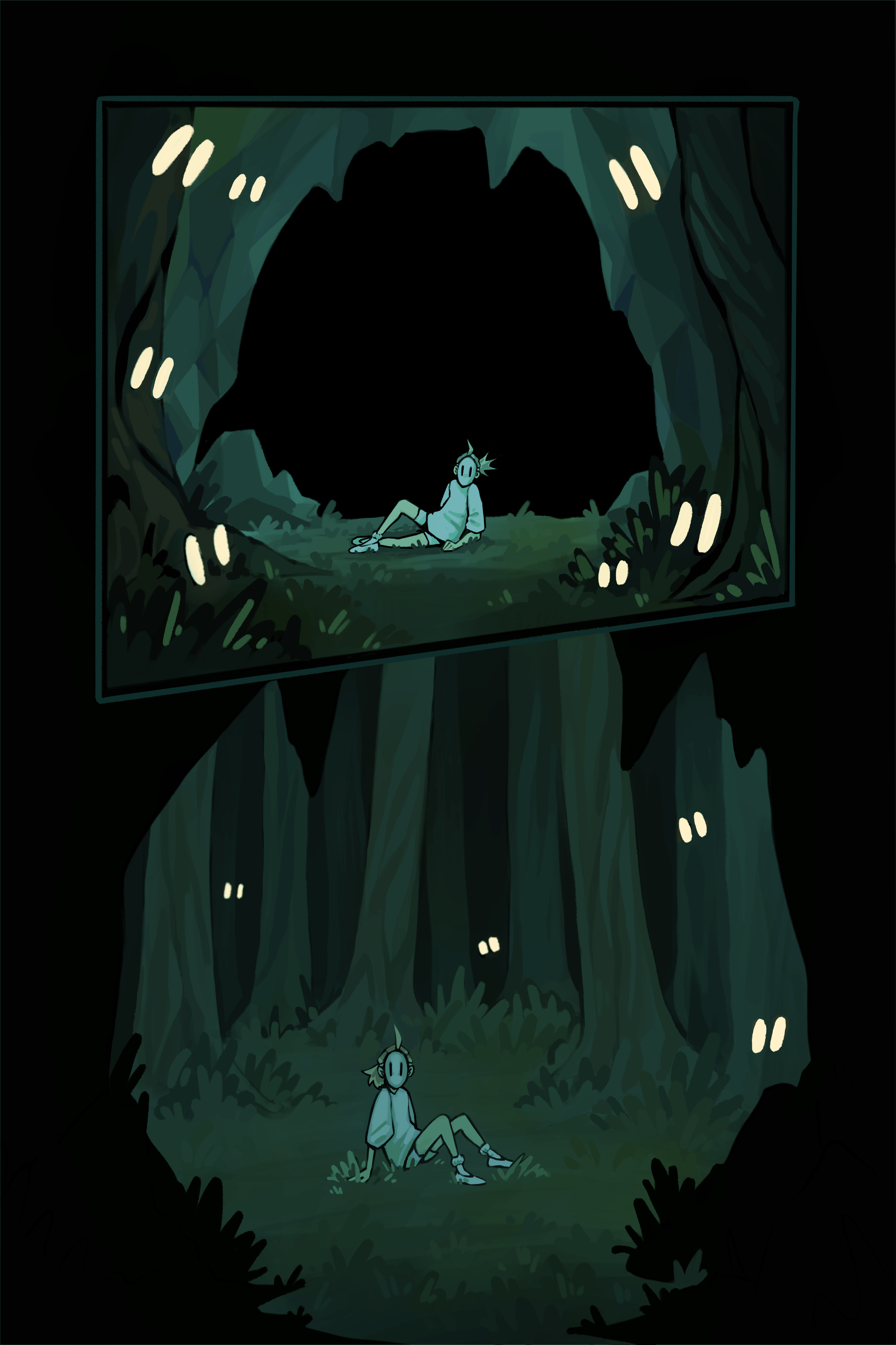 Digital illustration of Little Miss Wonder sitting in a dark forest with large trees, shown in two panels. She is sitting on the ground, looking into a scary cave.