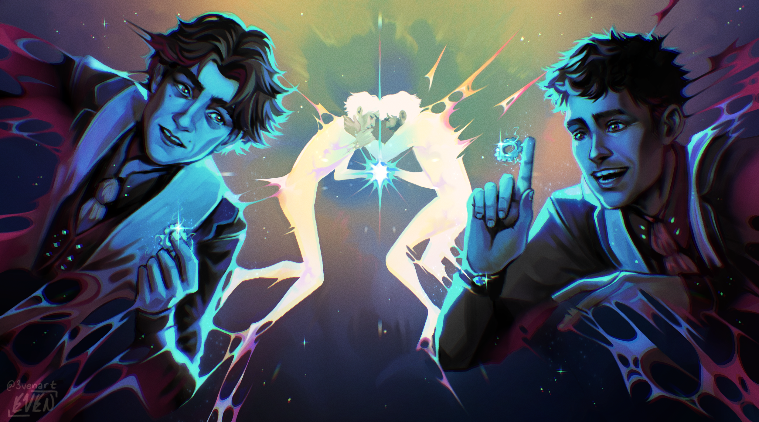 Viktor and Jayce from the show Arcane floating in a cosmic setting. The scene is vibrant with streaks of light and dynamic energy effects.