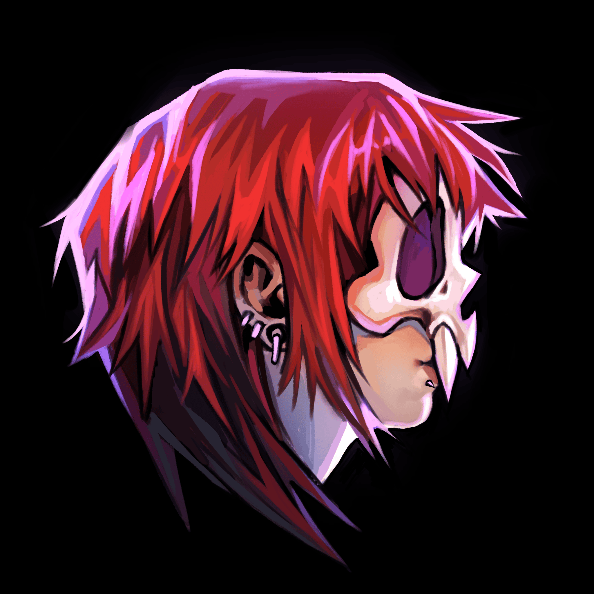 Digital illustration of a Even wearing a skull mask, with spiky red hair and multiple earrings, shown in profile against a black background.