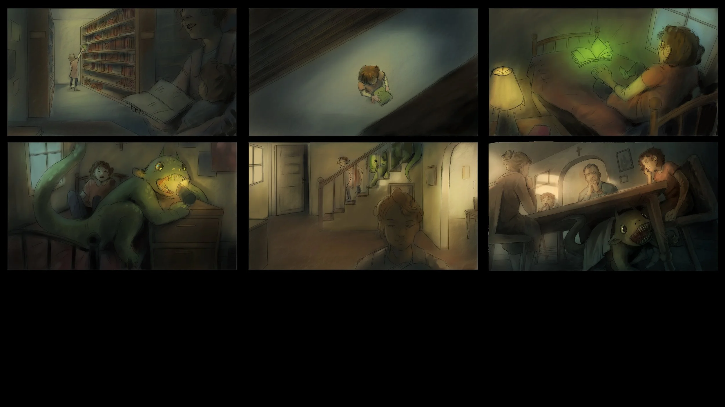 A series of six illustrated scenes depicting a girl reading in different settings, including a library, from a stairwell, in bed at night, with a creature, walking through a house, and around a dinner table with family.