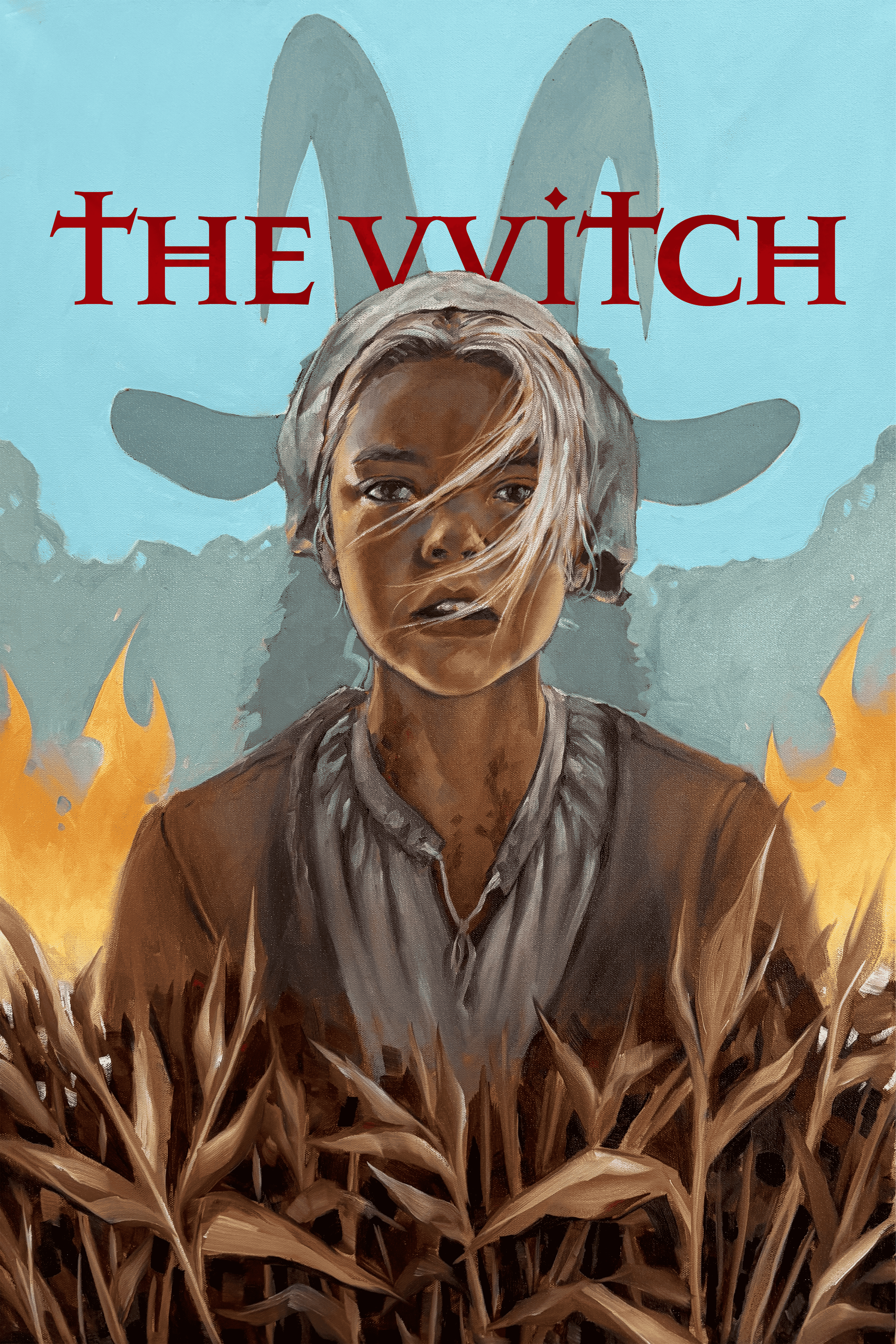 A Film Poster for "The Witch" featuring a young woman with blonde hair standing in a field of dry corn stalks with flames behind her. A goat skull silhouette is in the background, and the title "The Witch" is at the top in red letters.