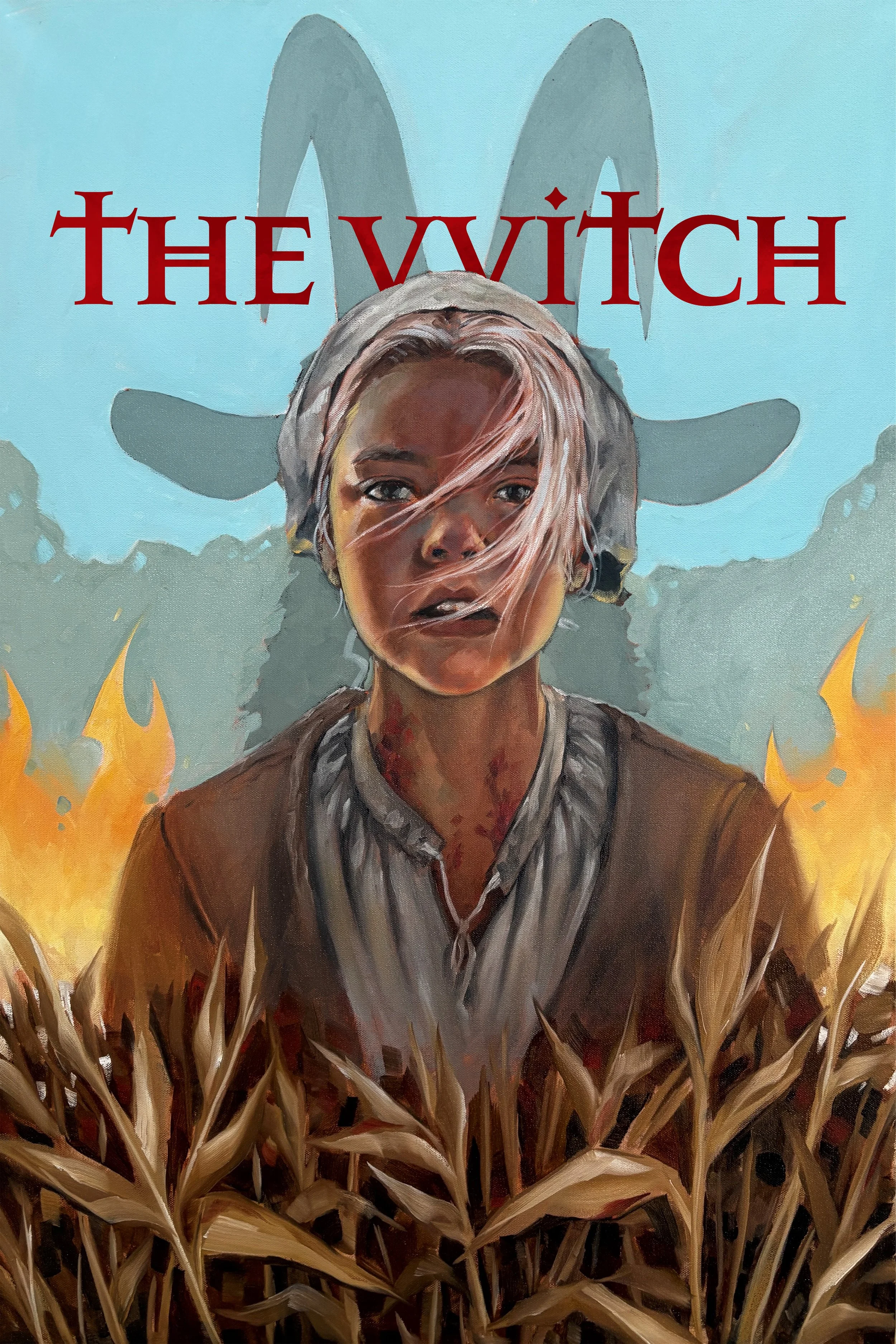 Film poster for "The Witch" featuring an illustration of a girl with blonde hair, surrounded by flames and dry corn stalks, with a goat skull in the background.