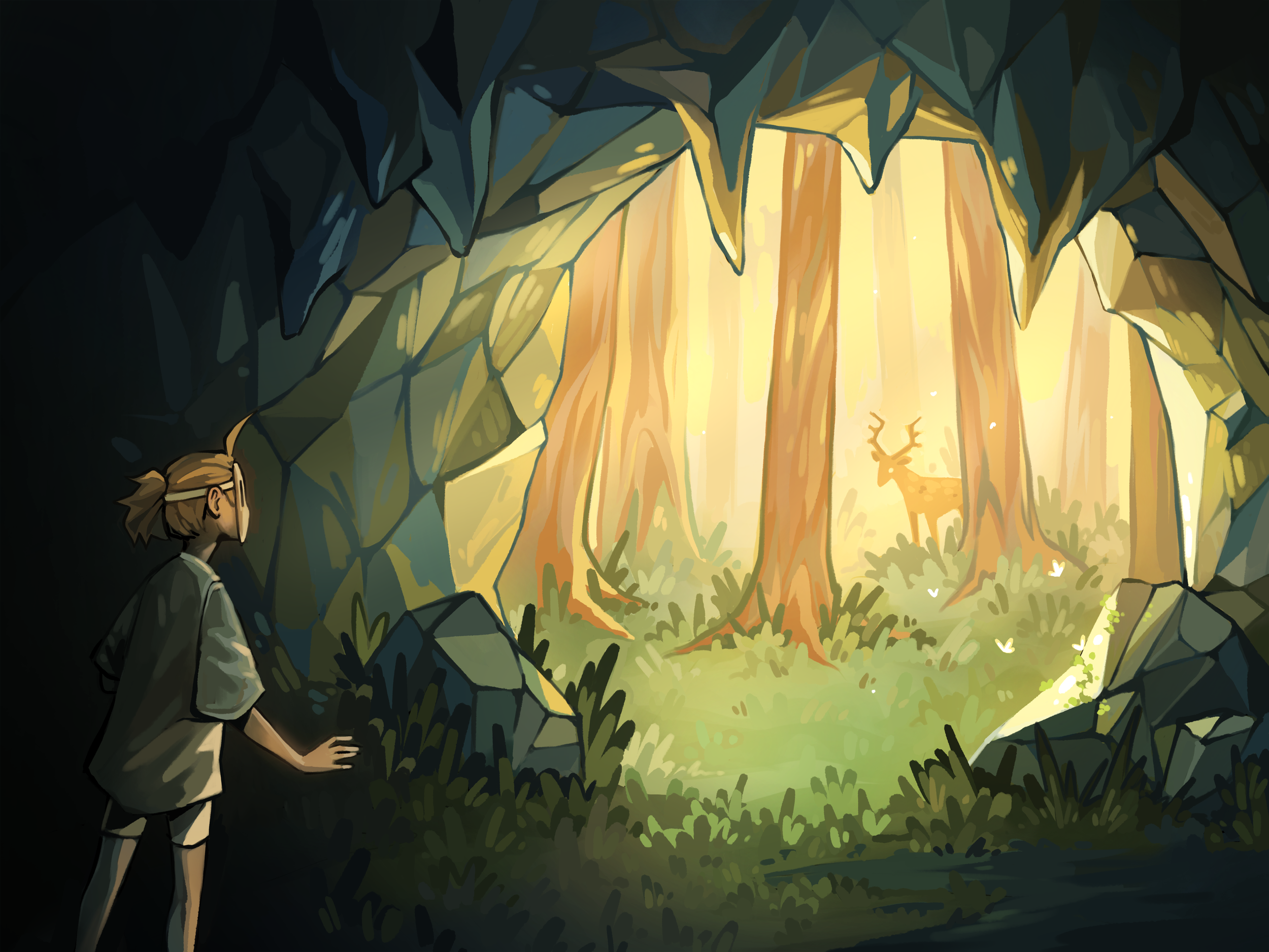 An illustration of Little Miss Wonder standing in a dark cave, looking at a bright opening with a deer in the forest outside.