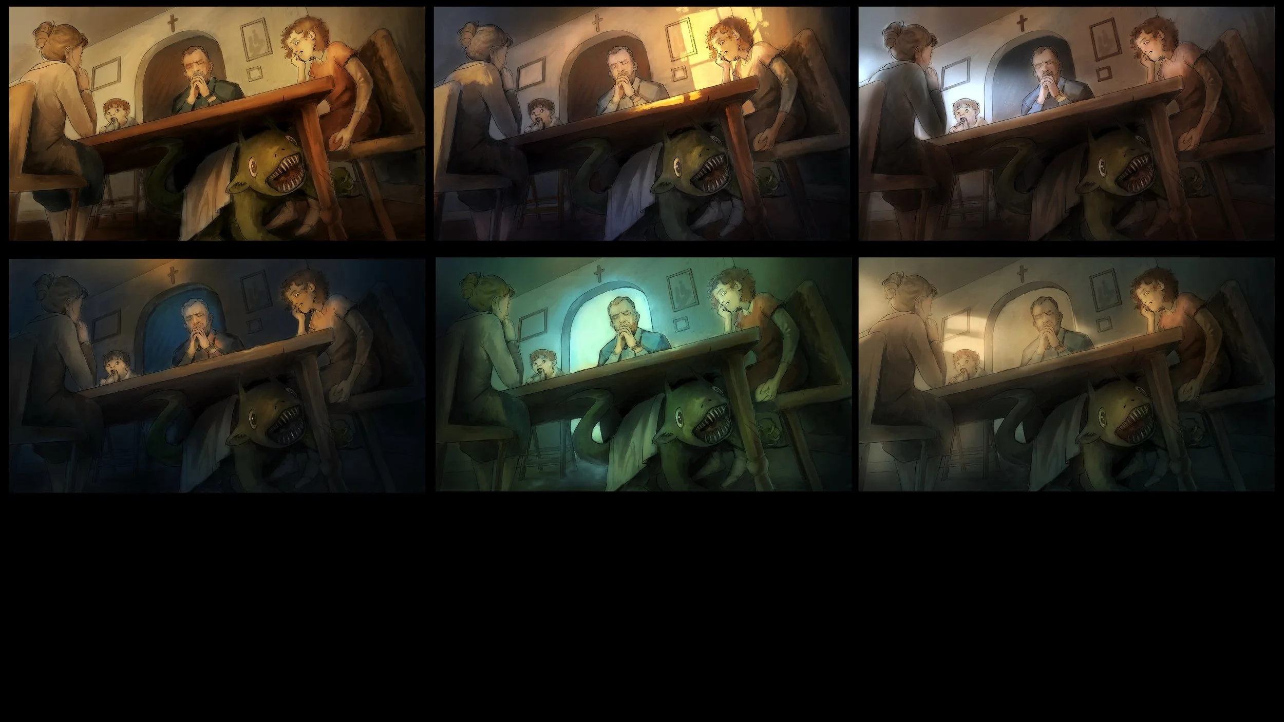 Six different versions of lighting explorations for a digital painting of a family at a dining table with a green monster creature underneath, in a room with religious symbols.