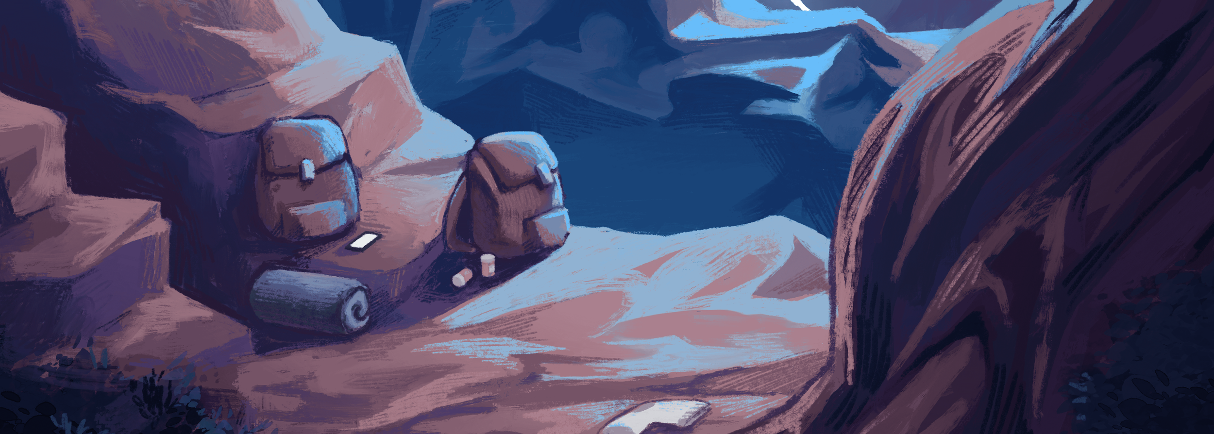 A digital painting of a rugged outdoor landscape with rocky formations and camping gear, including a rolled-up sleeping bag and a few small items, suggesting a camping scene.