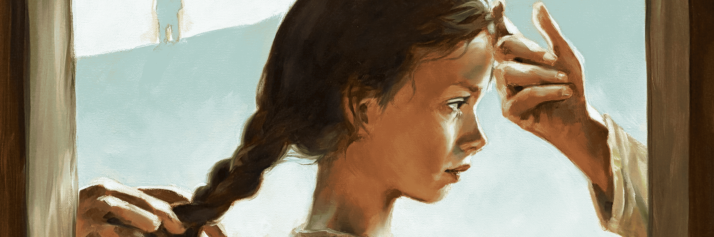 Painting of a girl with braided hair.