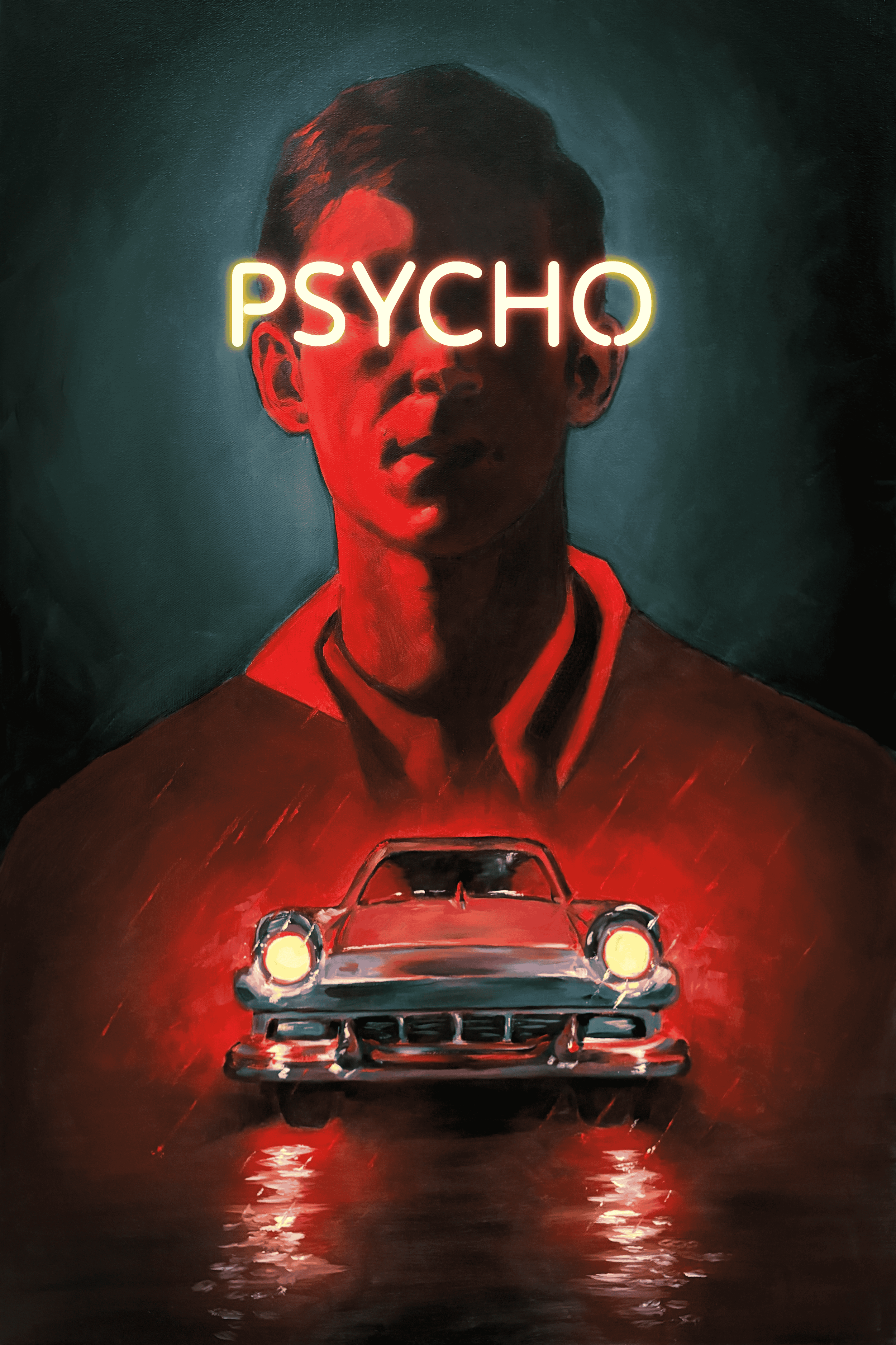 A painted film poster of a young man with short dark hair, with the word 'PSYCHO' in neon lights across his eyes. Below his face, there is a classic vintage car illuminated in a red glow, reflected on a wet road.