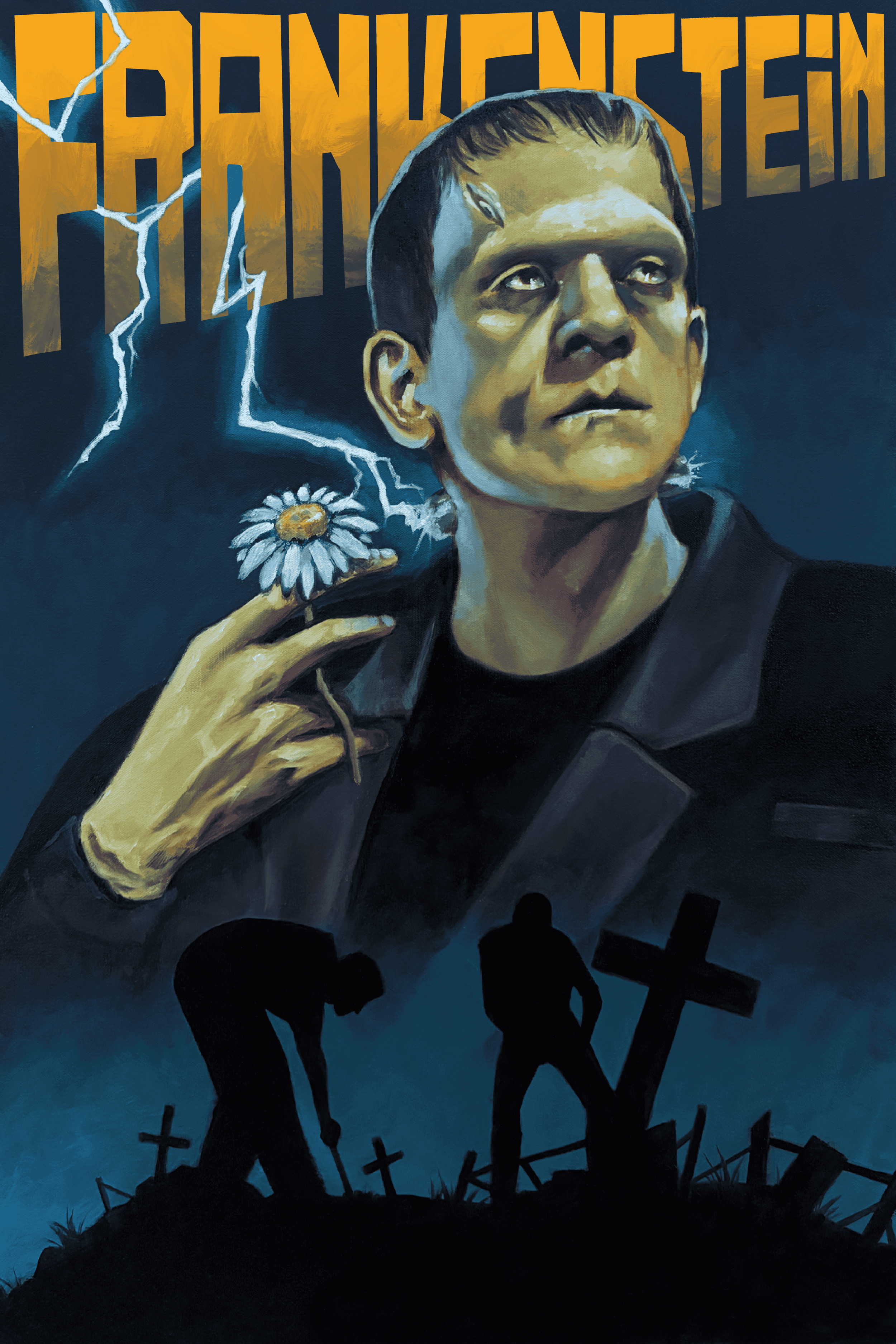 A painted poster of Frankenstein with the word 'FRANKENSTEIN' in large letters at the top. The monster is holding a daisy near his face. Lightning strikes in the background. Silhouettes of two people are digging in a graveyard at the bottom.