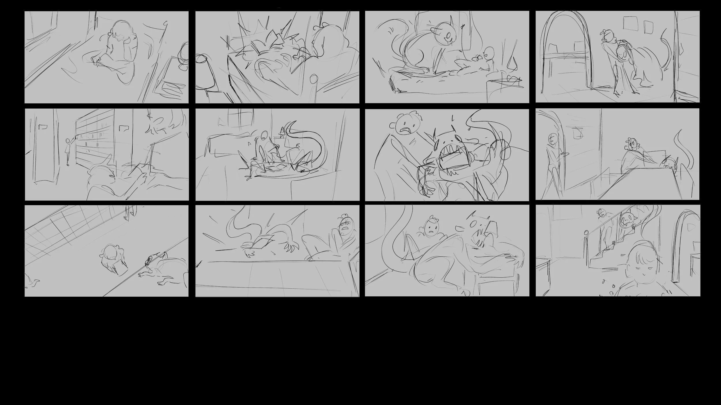 A series of storyboard sketches depicting a young girl experiencing various moments with a strange creature, such as a summoning via reading, sneaking around the house, and eating lamps.