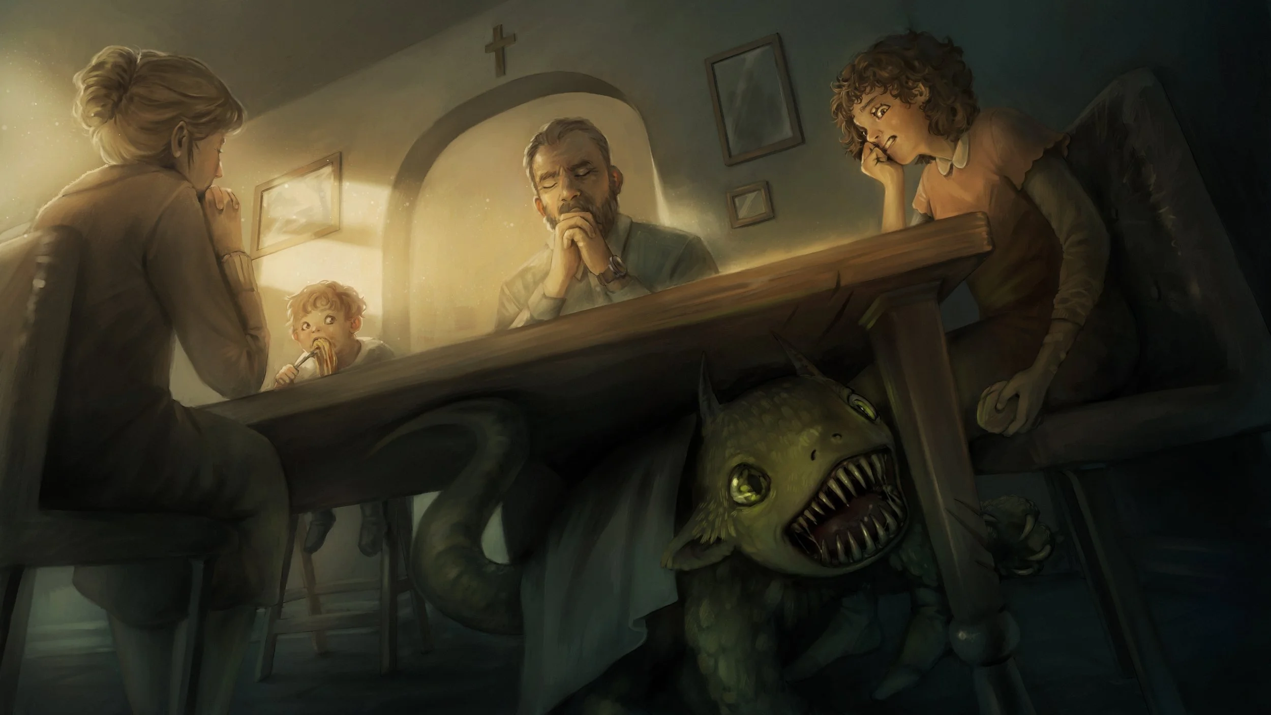 A family sits around a dining table with a strange creature underneath. The father appears to be praying, and the daughter looks stressed. The scene is in a dimly lit kitchen with framed pictures on the wall and a cross above the doorway.