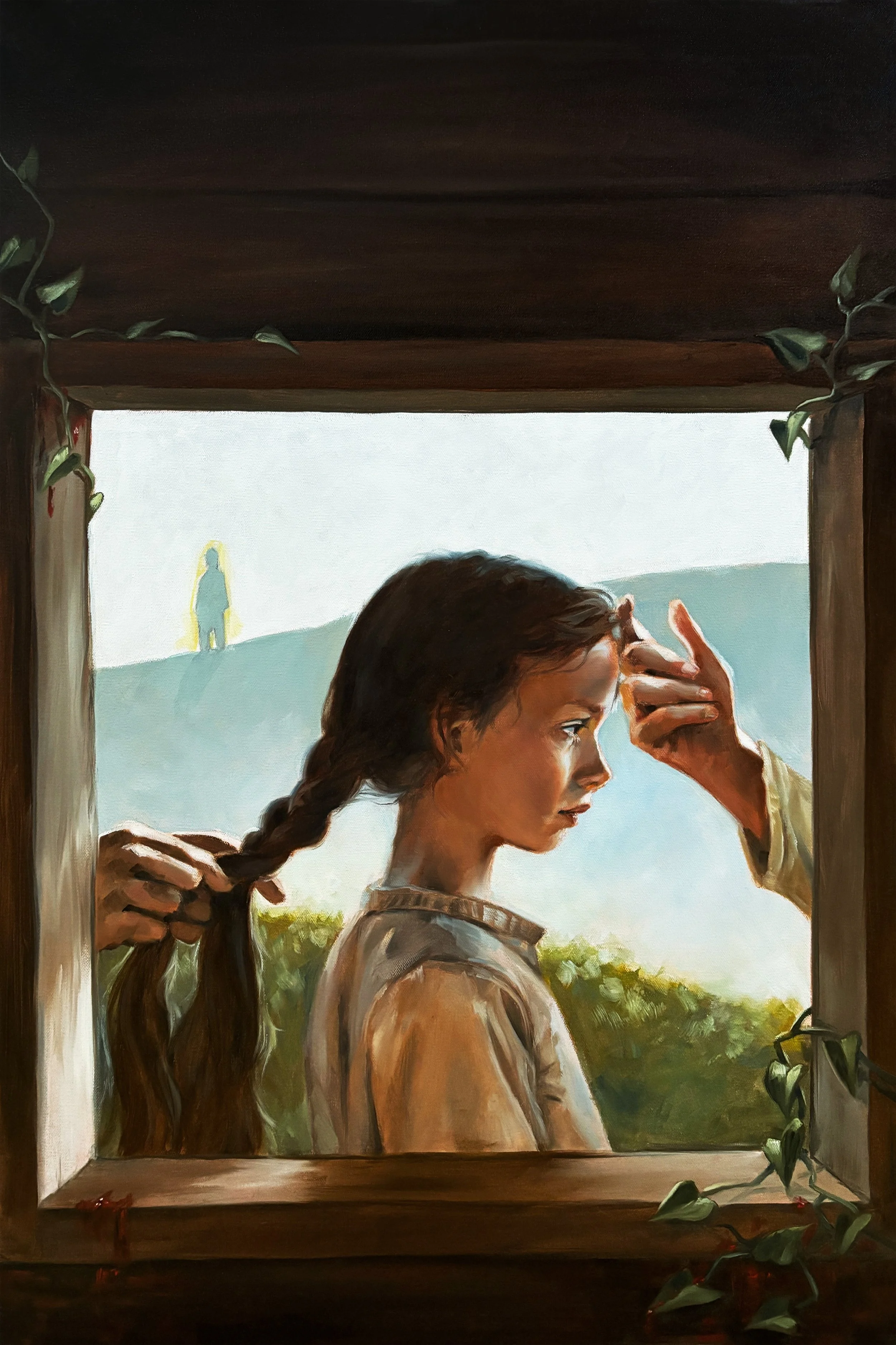 A young girl with long brown hair, wearing a beige dress, is having her hair braided by a hand behind a window frame. The scene outside shows a hilly landscape with a silhouette of a person standing on a hill in the distance. The window is decorated with green ivy vines.