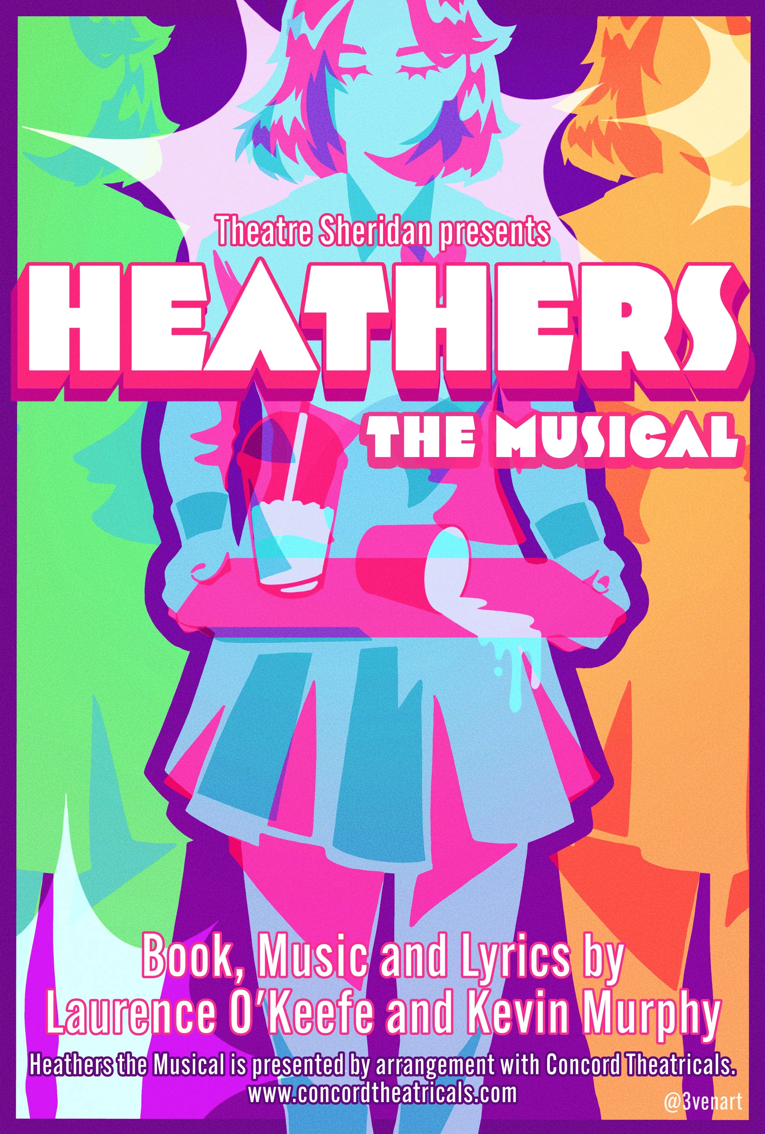 Colorful poster for the musical 'Heathers' featuring stylized, abstract illustrations of three characters in vibrant shades of pink, blue, green, purple, and orange.
