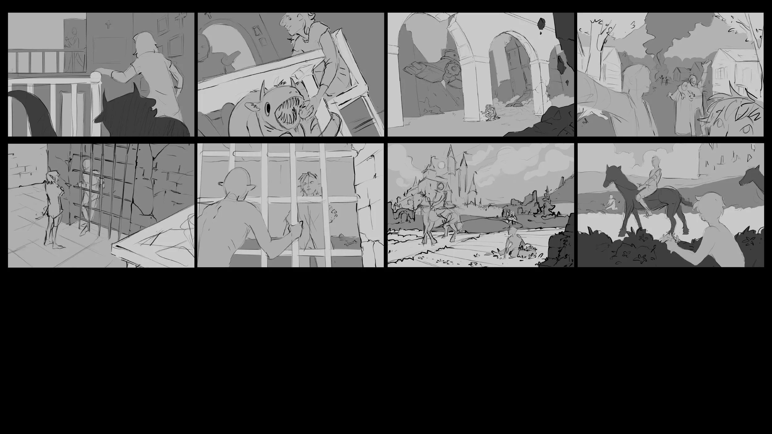 Explorative black and white sketches showing a series of scenes with a young girl, a monster, a knight, and various medieval and fantasy landscape settings, including castles, forests, and villages.