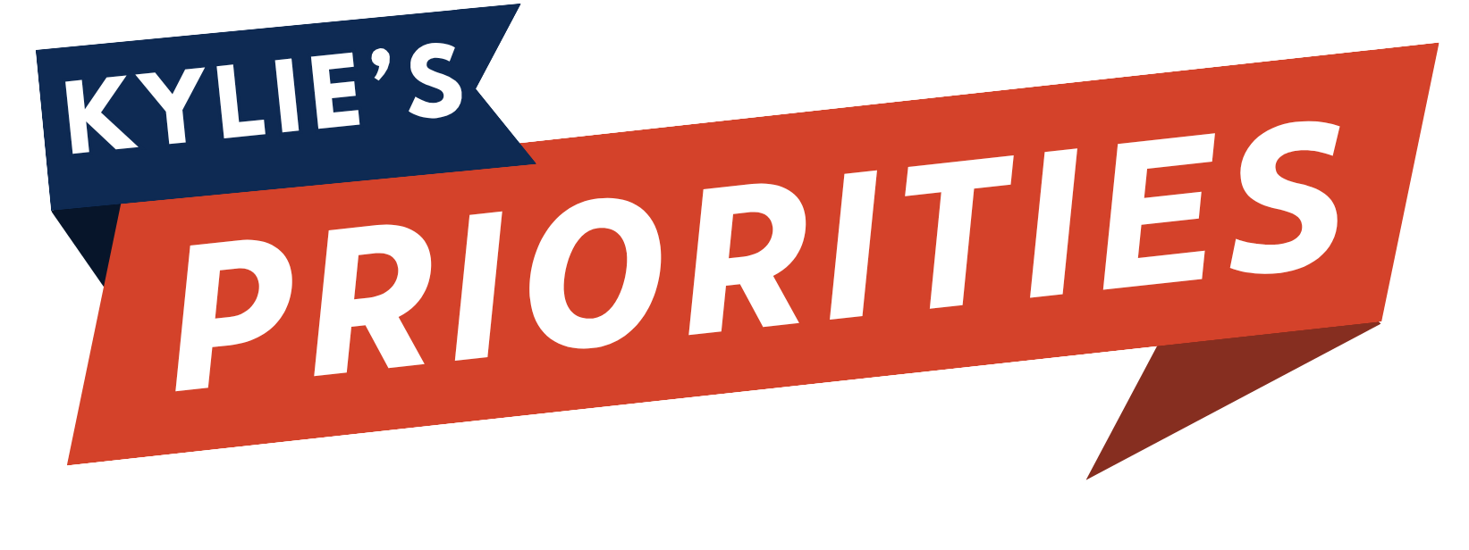 Logo with a dark blue ribbon top left that says "Kylie’s", and a large orange banner with white text that says "Priorities".