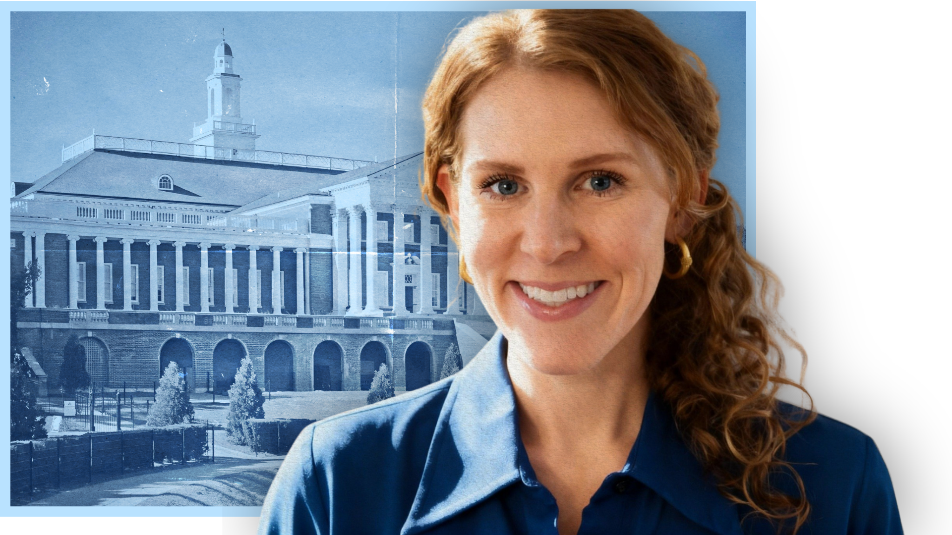 Portrait of a woman with curly red hair wearing a blue shirt, smiling, with a blue-tinted image of a historic building in the background.