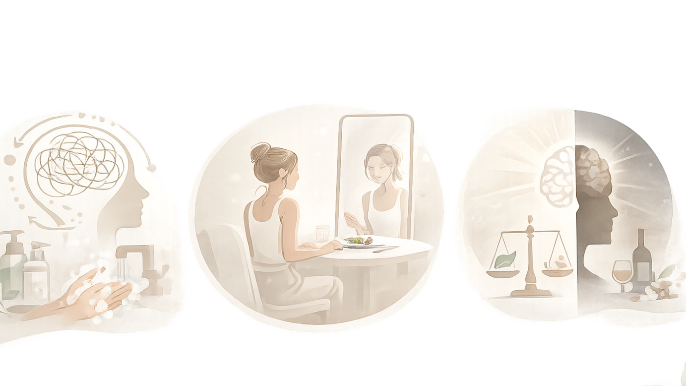 Three illustrations related to mental health: a person washing hands with soap, a woman looking at herself in a mirror during a therapy session, and a head with a brain along with a balance scale and medical items representing mental health balance.