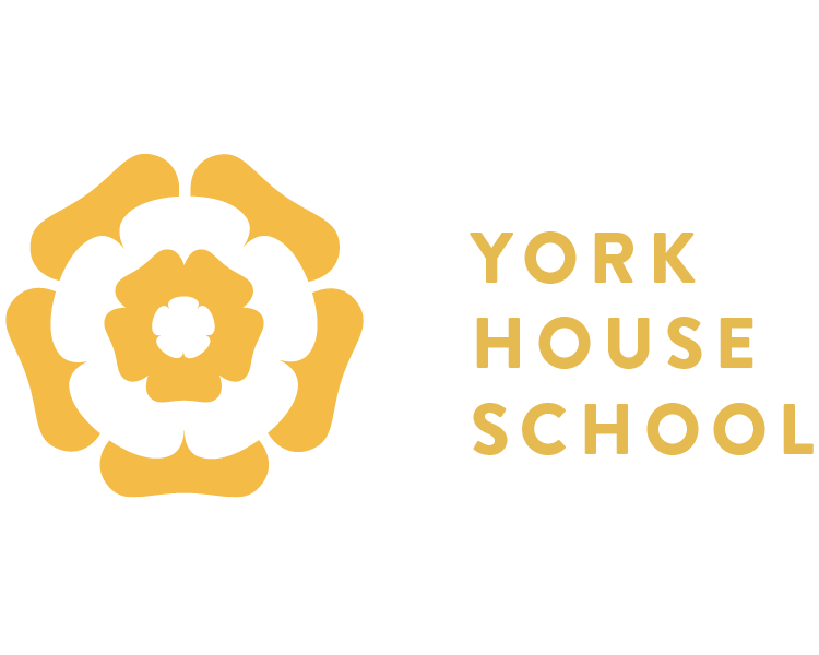 Logo for York House School featuring a black and gold stylized flower and the school name in gold text.