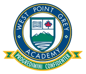 The West Point Grey Academy logo featuring a shield with an open book, a maple leaf, mountains, and a winding river, surrounded by a blue and gold circular border with the school's name and a banner reading 'Progredimini Confidentes'.