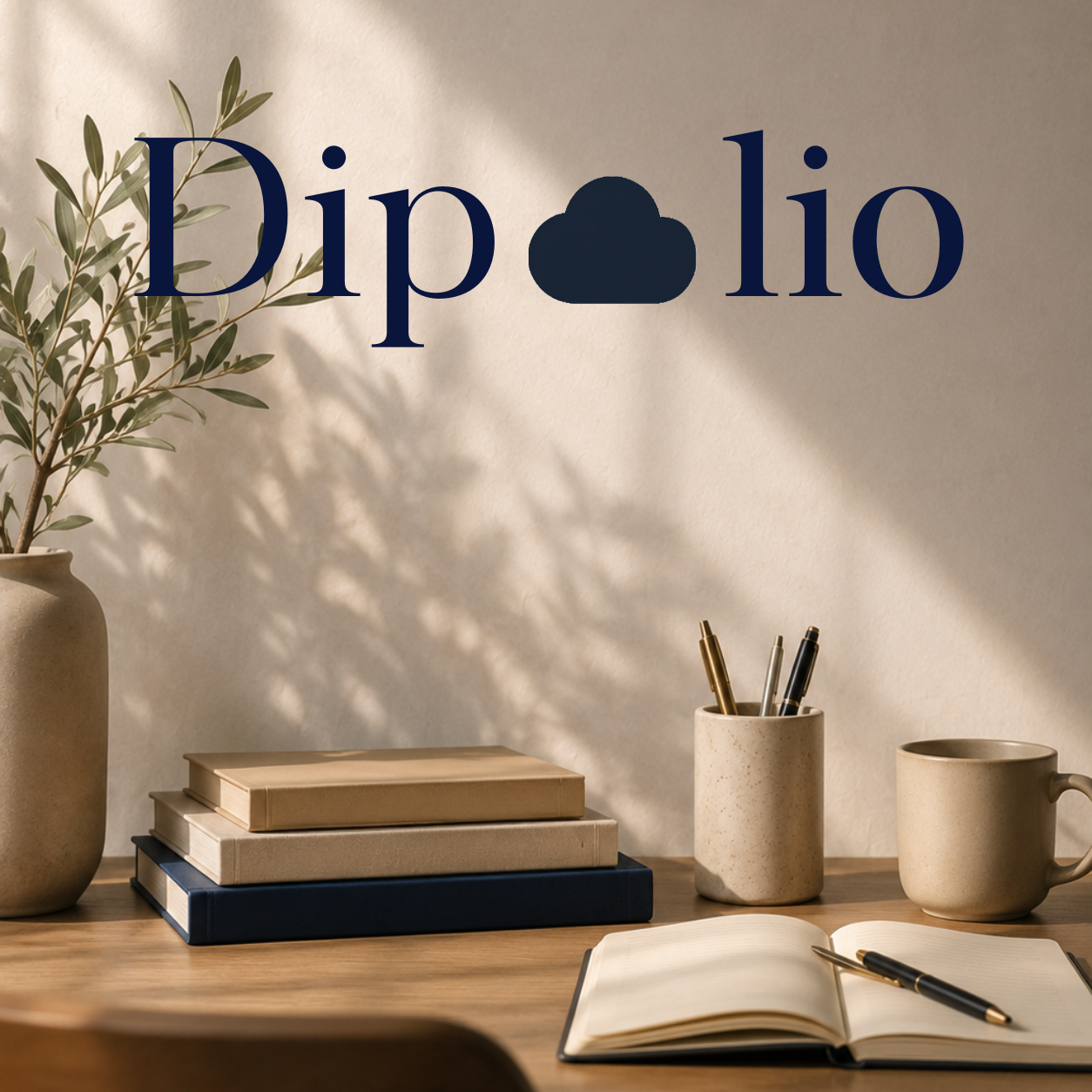 Desk with a potted plant, stacked books, a notebook with a pen, a pen holder with three pens, and a coffee mug, with the word 'Dipolio' and a cloud icon on the wall.
