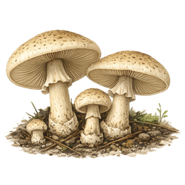 An illustration of gilled Amanita mushrooms, beige in color with brown on top, growing from mossy soil.