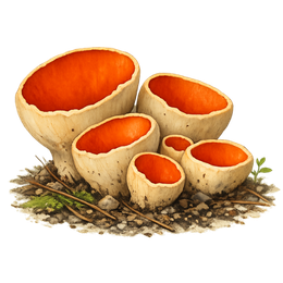 An illustration of orange cup fungi with dirt, twigs, and moss.