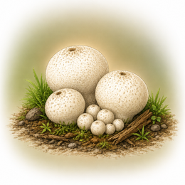 Illustration of pale-colored puffball mushrooms growing on brown soil.