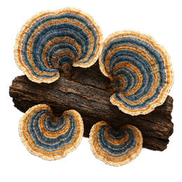 Illustration of green and brown Trametes versicolor, or turkey tail mushrooms, a type of polypore, growning on a log.