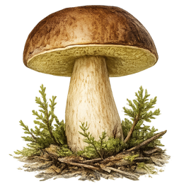 Illustration of a cream and brown colored Boletus edulis, or porcini mushroom of a type similar to those that grow in Idaho, growing from brown forest debris.