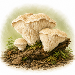 Illustration of beige-colored Hydnum species, or hedgehog mushroom, an example of the toothed or spiny category of mushrooms.