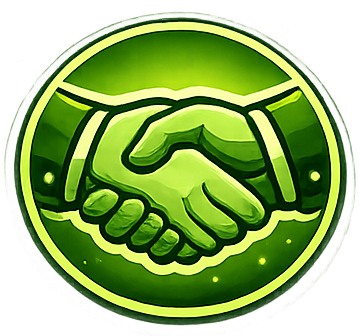 Illustration of a handshake inside a circular neon green border.