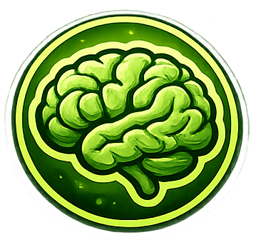 A stylized illustration of a human brain with a green, glowing background.
