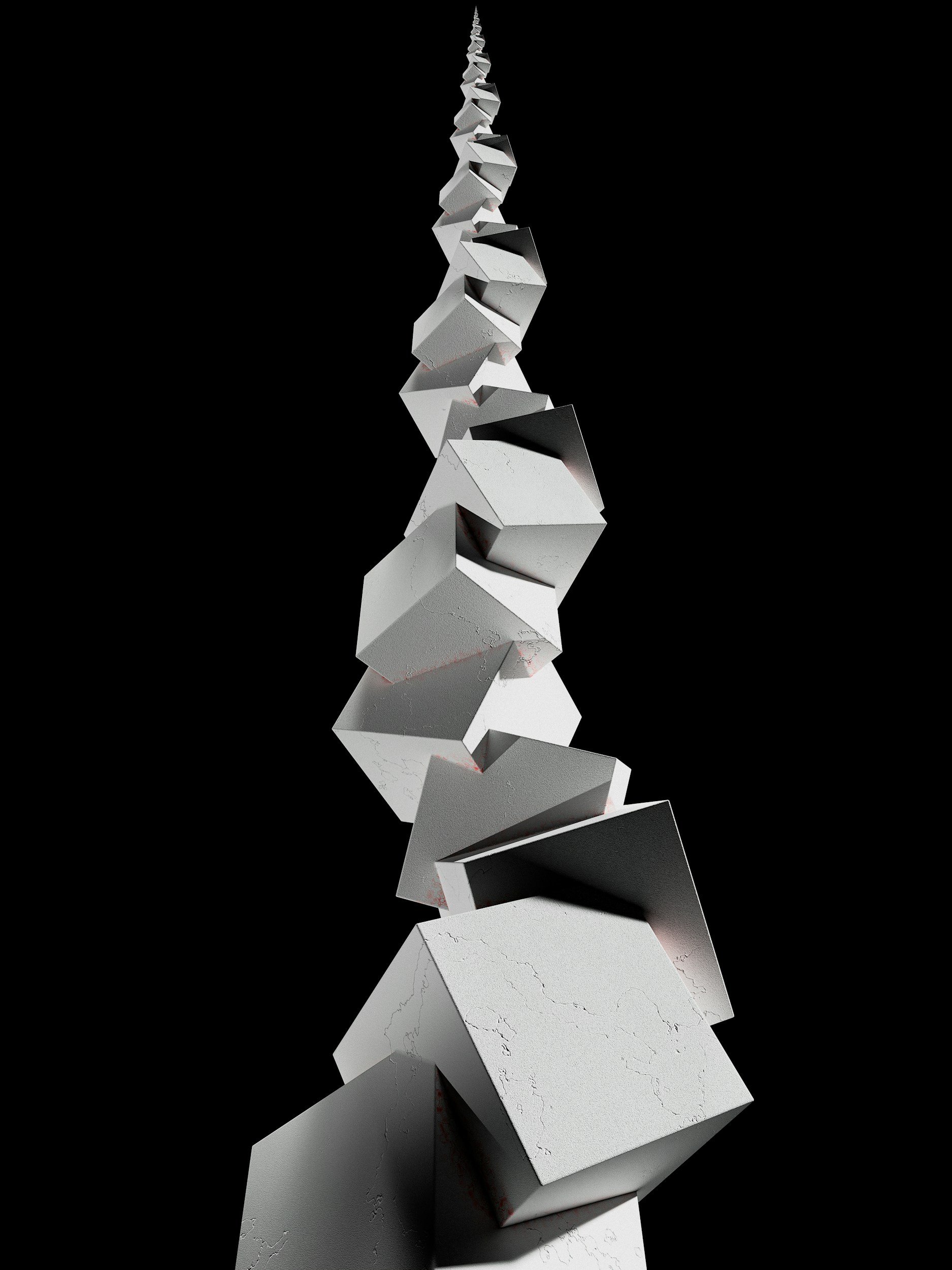 A sculpture composed of stacked white and gray angular cubes against a black background, forming a tall, twisting tower.