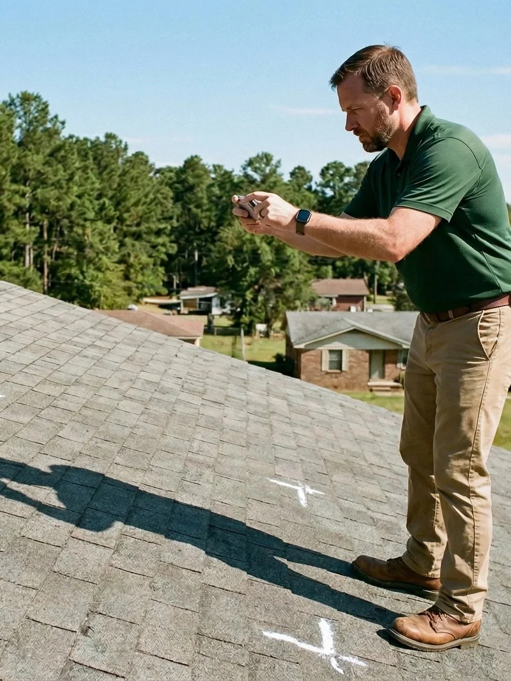 Ward and Oakes Rep inspecting a residential roof for estimating