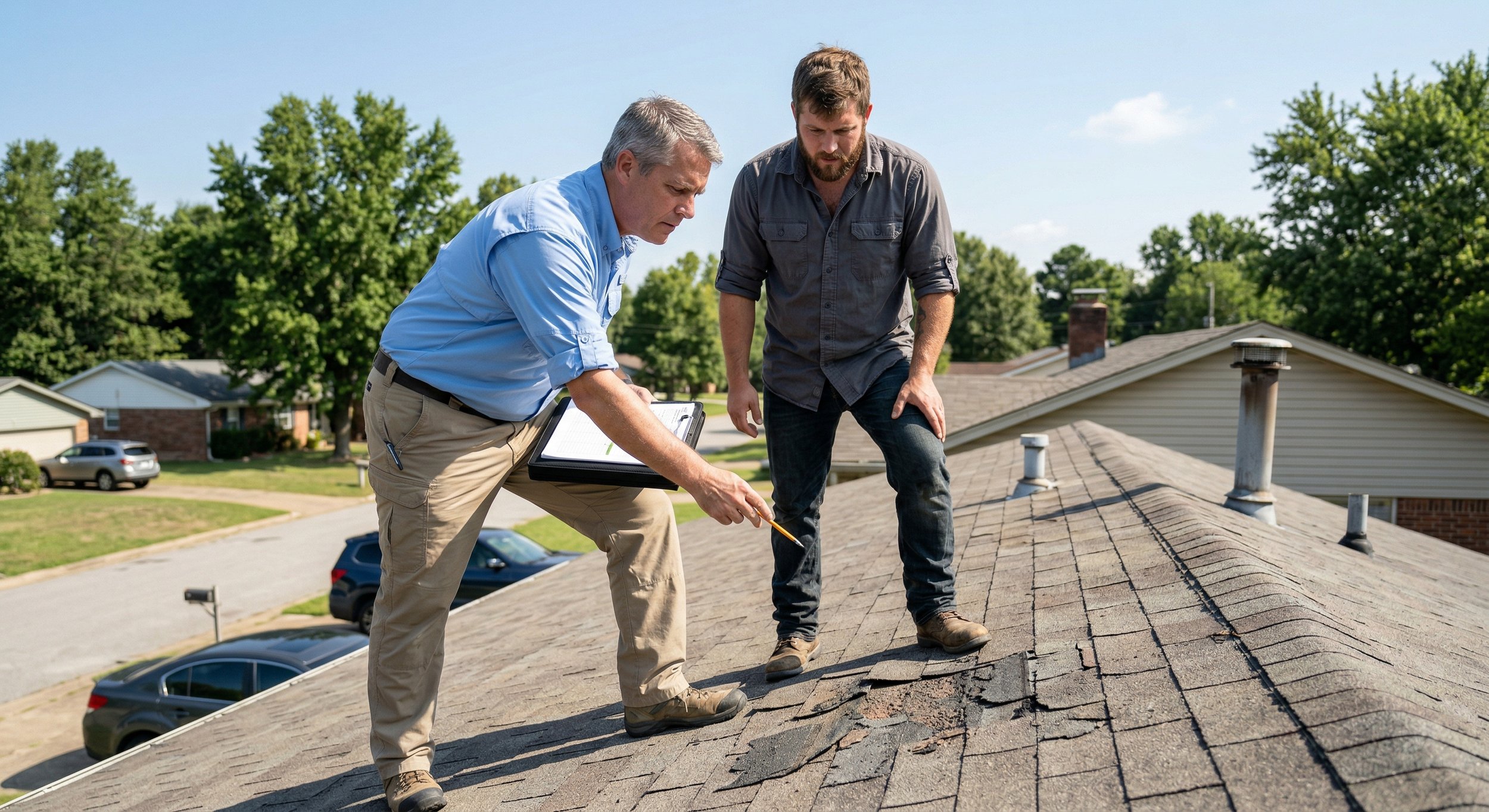 Inspector walking roof with Contractor