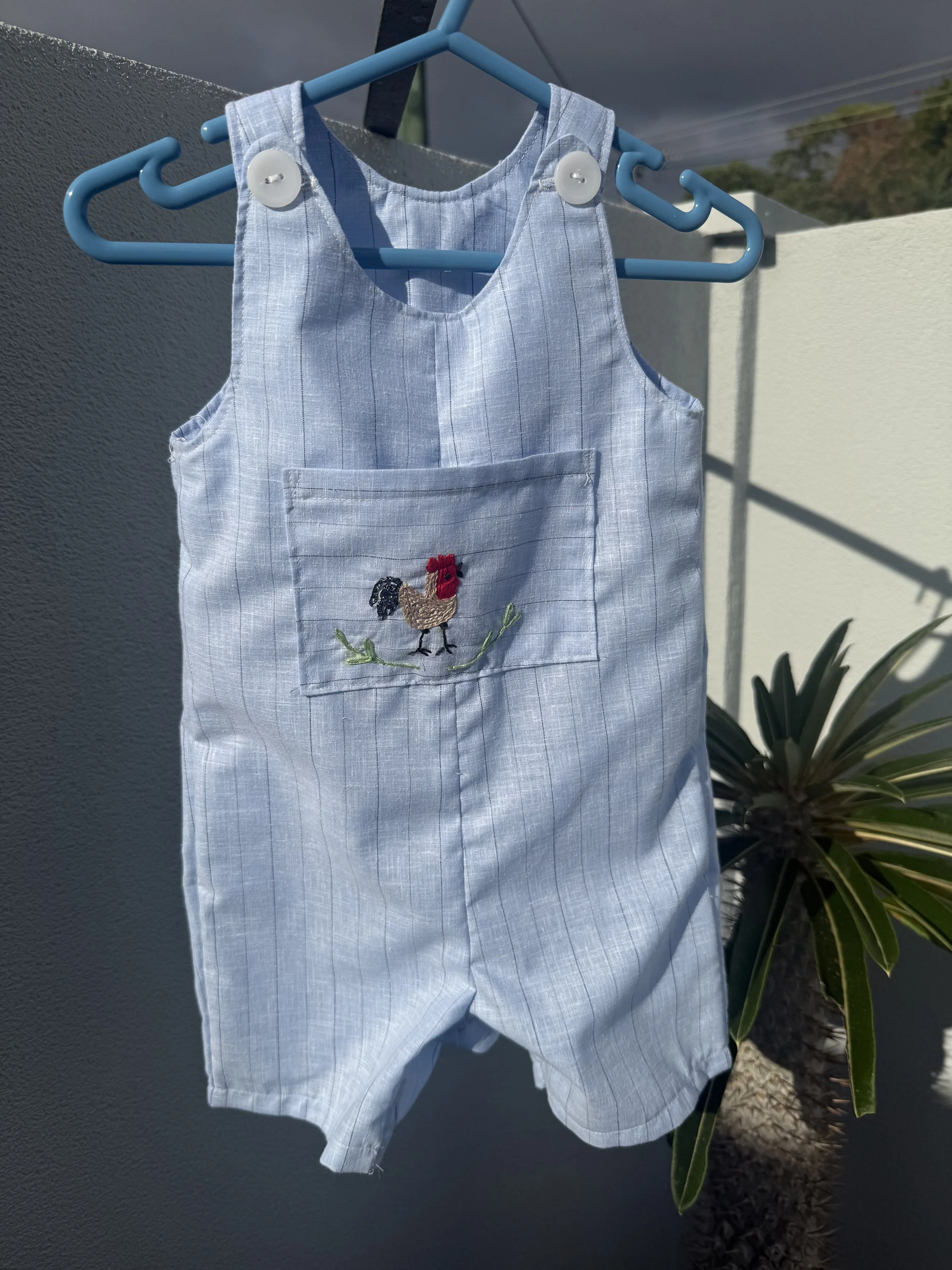 Organic Cotton Rooster Hand-Embroidered Baby Romper/Overall (large size 6-12 months)