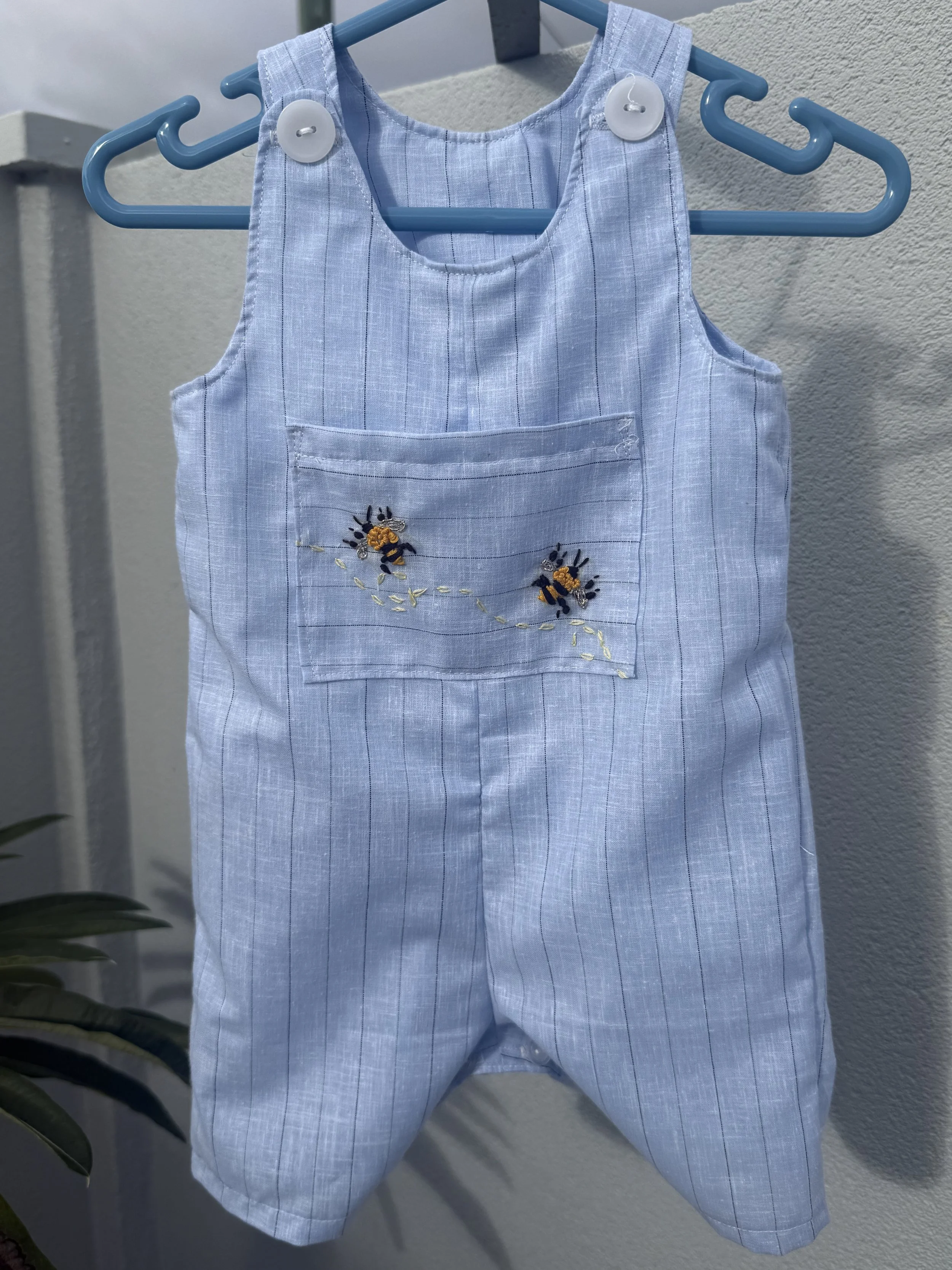Organic Cotton Bee Hand-Embroidered Baby Romper/Overall (medium size 3-6 months)