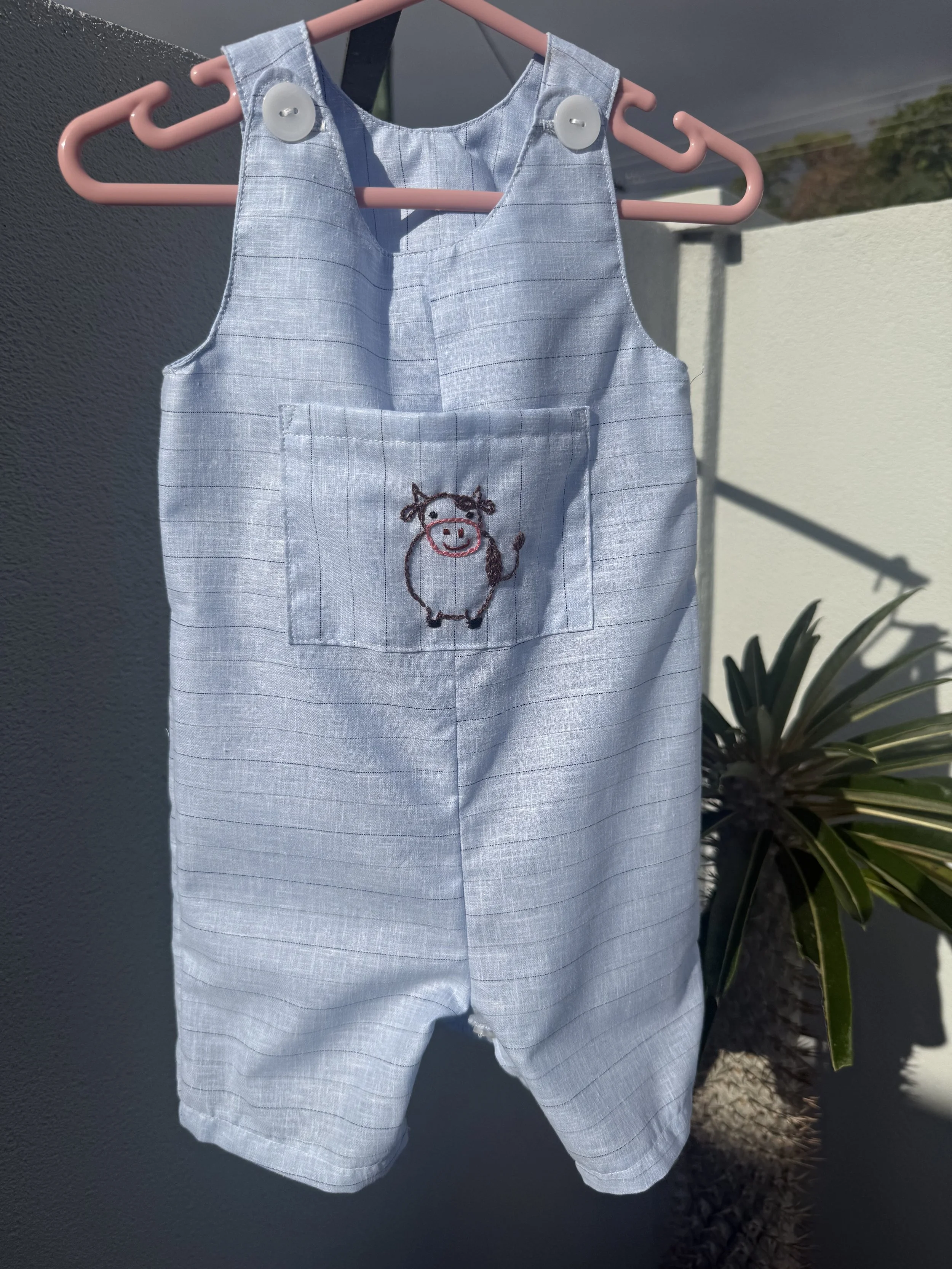 Organic Cotton Cow Hand-Embroidered Baby Romper/Overall (large size 6-12 months)