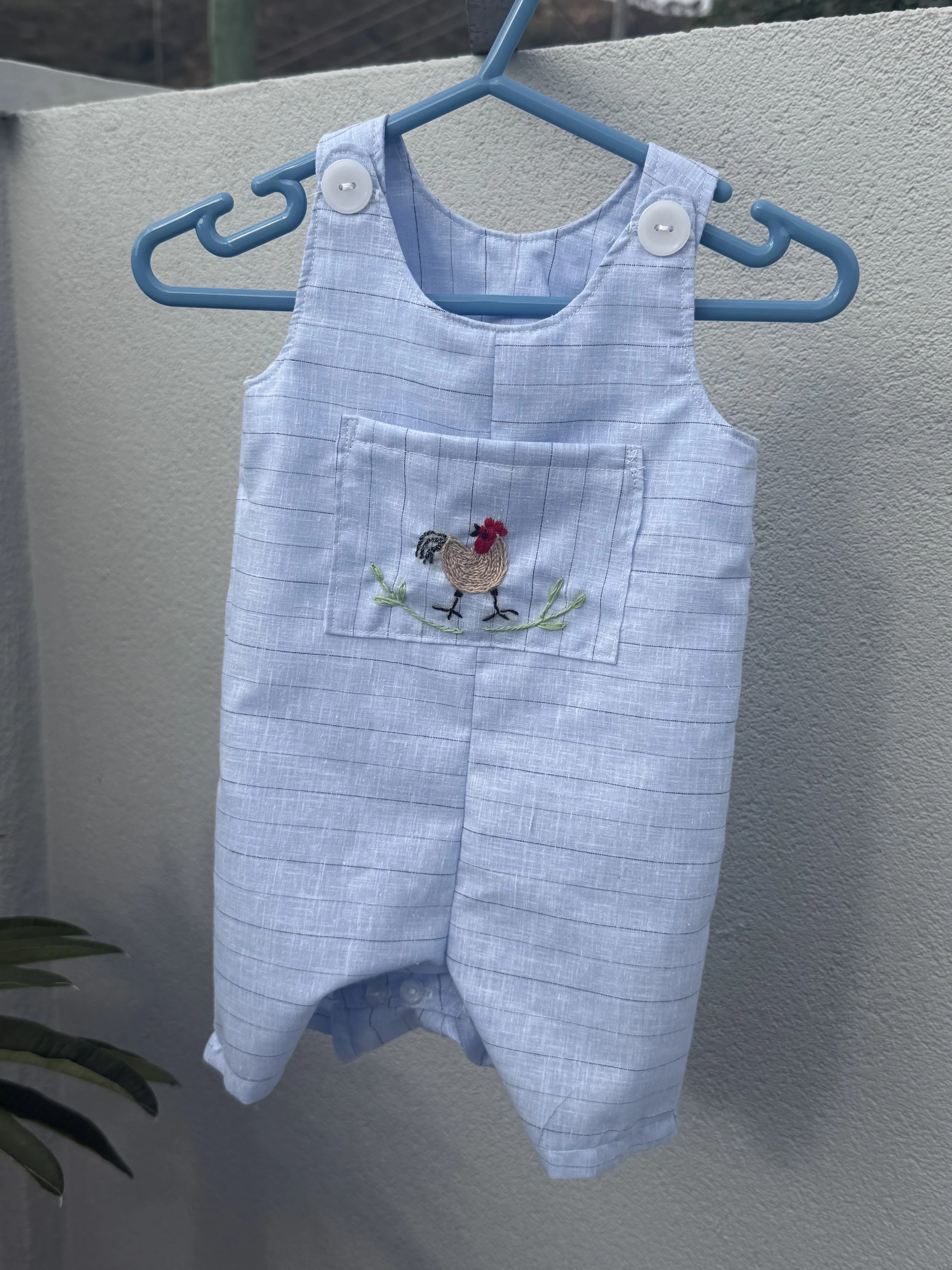 Organic Cotton Rooster Hand-Embroidered Baby Romper/Overall (small size 0-3 months)
