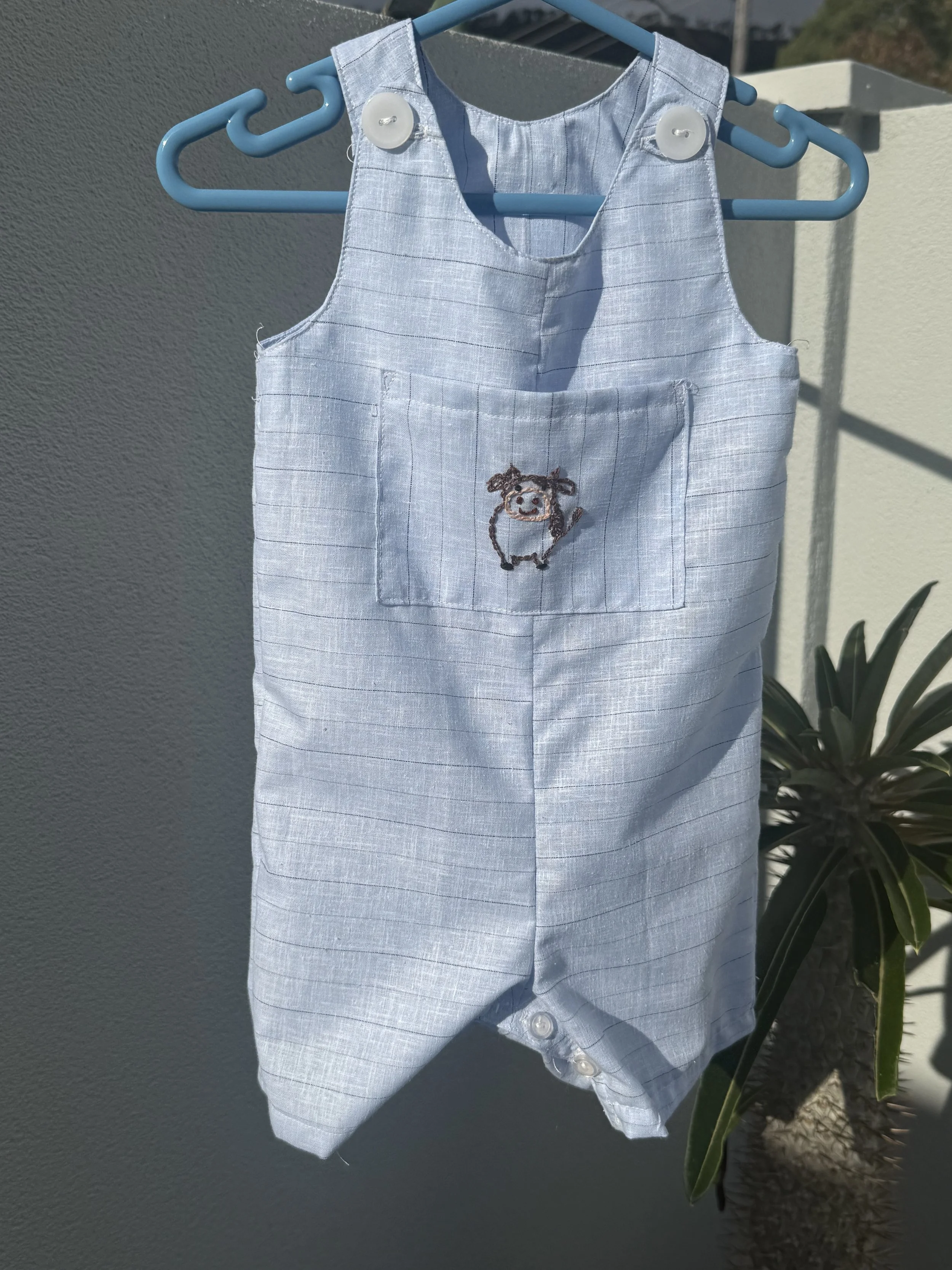 Organic Cotton Cow Hand-Embroidered Baby Romper/Overall (medium size 3-6 months)