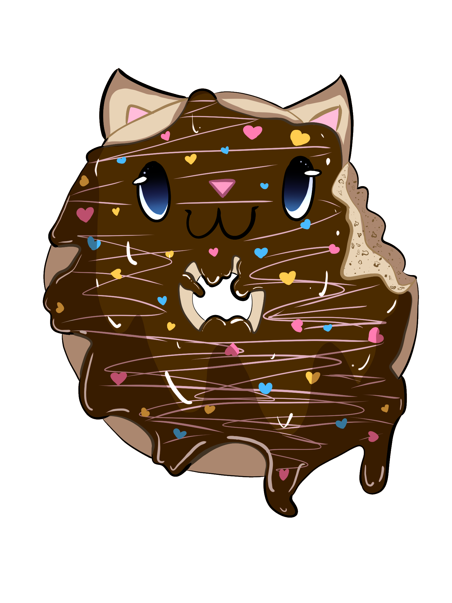 An animated, cartoon-style pastry with a cat face, covered in chocolate and decorated with multicolored heart-shaped sprinkles.