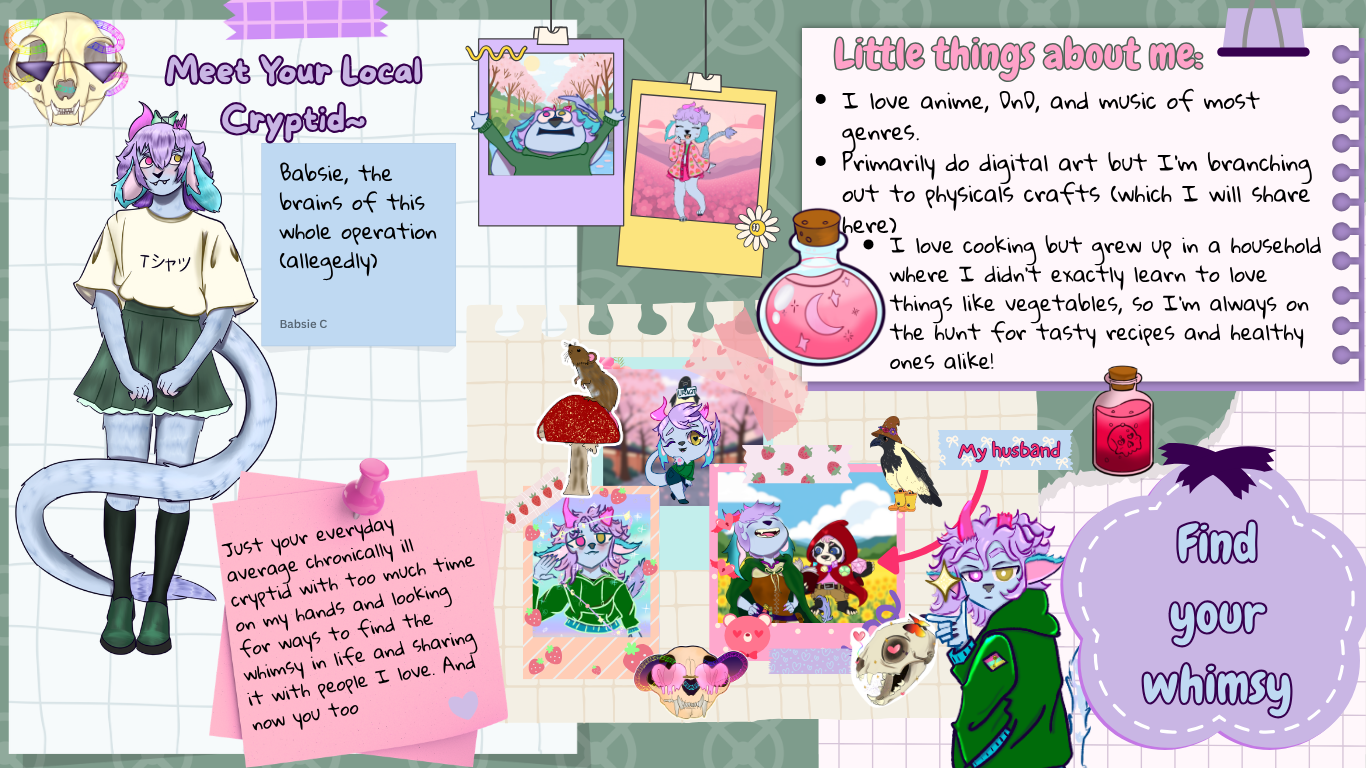 A colorful illustrated collage featuring a cartoon character with purple hair, animal ears, and tail, dressed in a green skirt and shirt, surrounded by photos, notes, and stickers that showcase their interests including digital art, cooking, and anime. There are handwritten notes about the character's hobbies, personality, and family, along with various decorative elements like a skull, potion bottles, and animals.