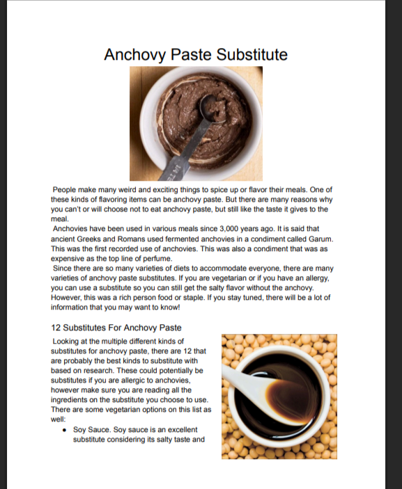 A page from a book or article discussing anchovy paste substitute, featuring an image of a bowl of anchovy paste with a butter knife and an image of a bowl of soy sauce with a white spoon.