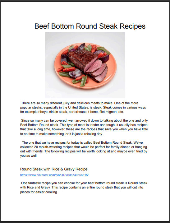 Page titled 'Beef Bottom Round Steak Recipes' with a photo of a cooked beef round steak on a pink plate, garnished with vegetables, and text discussing various steak recipes and cooking tips.