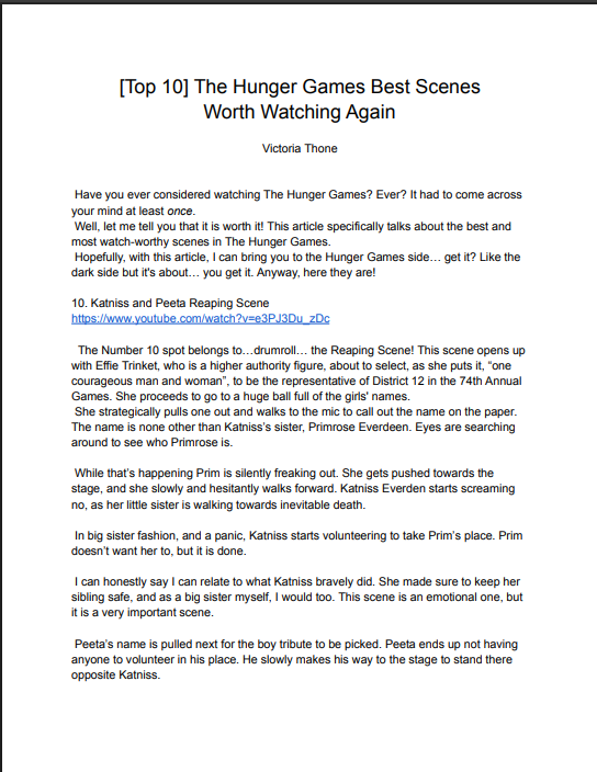 Screenshot of a webpage titled 'Top 10 The Hunger Games Best Scenes Worth Watching Again' by Victoria Thone, describing scenes from 'The Hunger Games' including Katniss and Peeta's reaping scene, with a YouTube link to a clip, and narrative about the