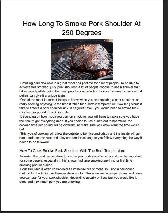 Page with title "How Long To Smoke Pork Shoulder At 250 Degrees" and a photo of a smoked pork shoulder cooking on a grill.