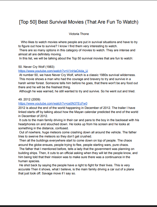 A document titled 'Top 50 Best Survival Movies (That Are Fun To Watch)' by Victoria Thorne, listing movies with descriptions and links, specifically mentioning 'Never Cry Wolf (1983)' and '2012 (2009)'.