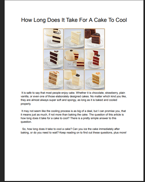 A chart showing different cake flavors and slices of cake with text discussing how long it takes for a cake to cool.