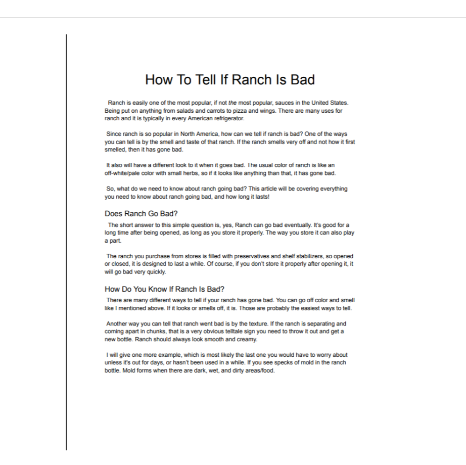 Document titled 'How To Tell If Ranch Is Bad' explaining how to identify spoiled ranch dressing by smell, color, texture, and mold signs.