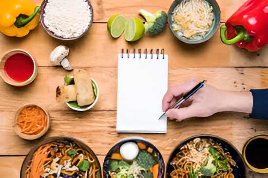 Top-down view of a wooden table with various ingredients, bowls of noodles, vegetables, and a notepad with a hand writing.