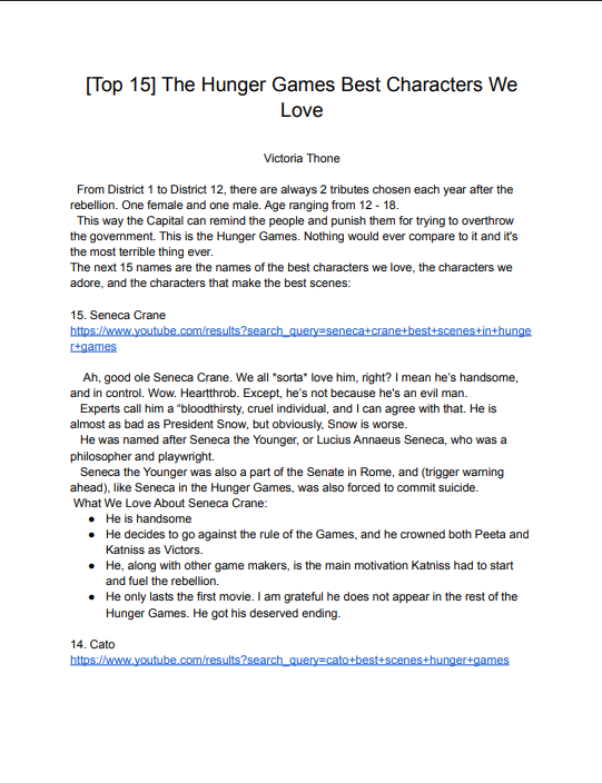 Text-based list of top 15 Hunger Games best characters, highlighting Seneca Crane and Cato, with links to their YouTube results, discussing their traits and roles in the series.